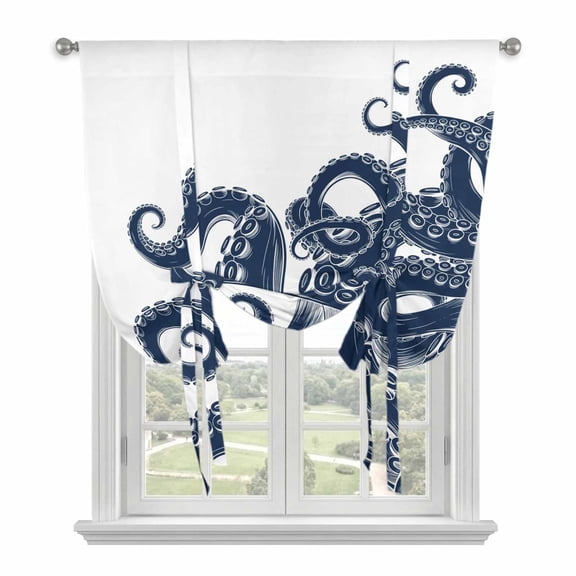 Navy Blue Octopus Tie Up Curtains for Windows, Adjustable Balloon Window Shades, Coastal Ocean Animals Nautical Kitchen Window Treatments Farmhouse Short Curtains with Rod Pocket 42"x45"