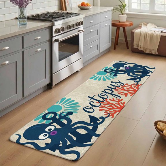 Navy Blue Octopus Washable Runner Rug 3X5 ft Boho Coastal Red Corals Sun Marine Life Non-Slip Hallway Runner Rug, Linen Kitchen Runner Mats, Indoor Floor Carpet for Entryway Bathroom Bedroom