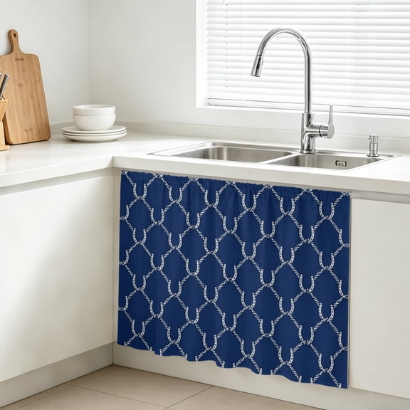Navy Blue Ogee Curves Cabinet Curtains for Kitchen 10"W x 11"L, Vintage Minimalist Interlocking Lines Under Sink Skirt Magic Tape Short Curtain Decorative Privacy Panel for Bathroom Laundry