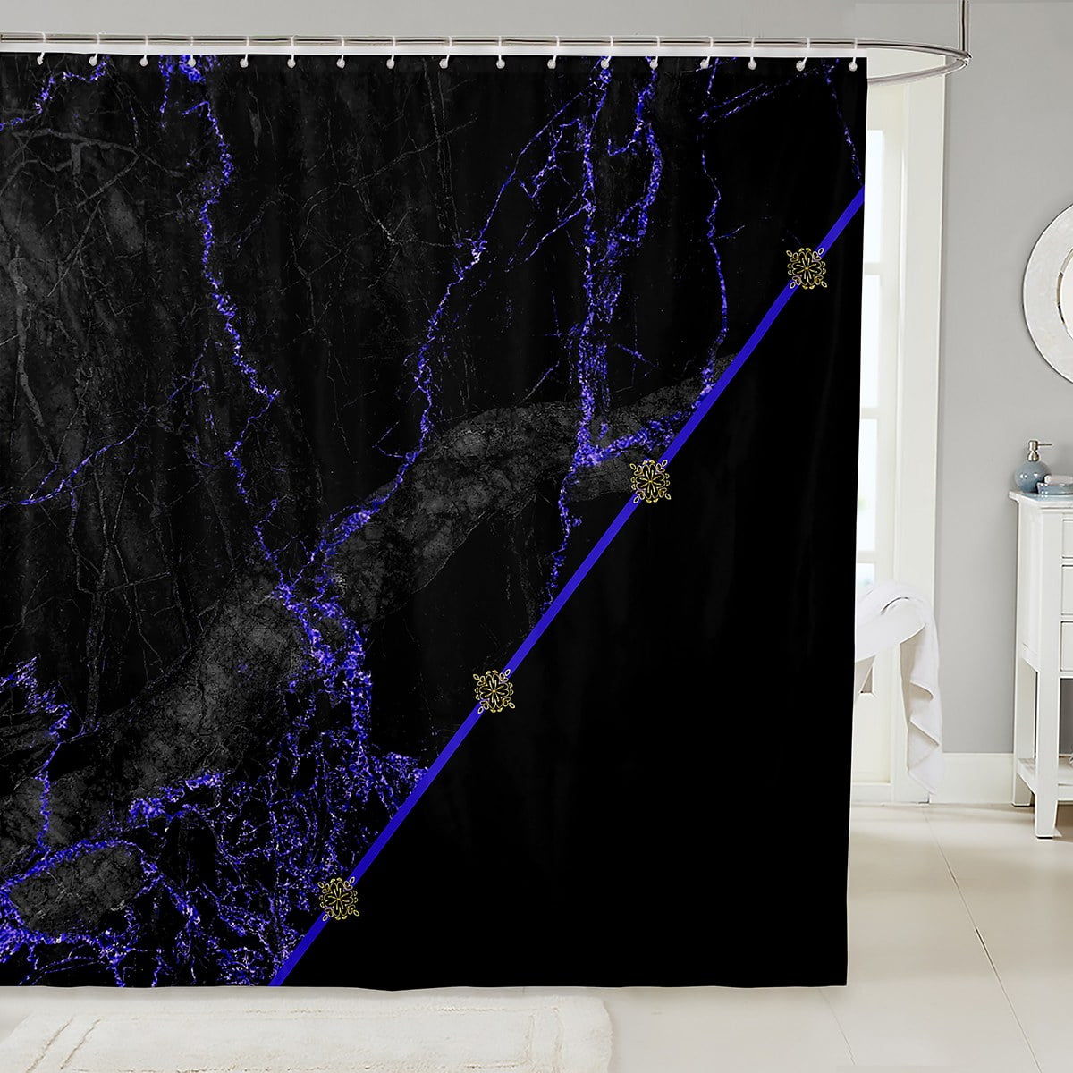 Navy Blue Ombre Bath Curtain for Kids Teens Adults Black Marble Shower