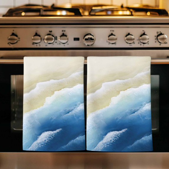 Navy Blue Ombre Beach Kitchen Towels Set of 3, Summer Ocean Coastal Gradient Waves Absorbent Dish Towels for Kitchen, Microfiber Hand Towel, Quick Drying Tea Towel for Cleaning Decorative Dishcloths