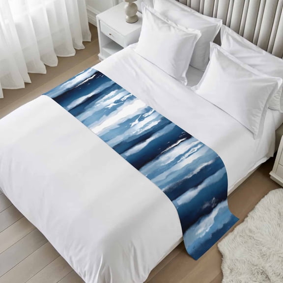 Navy Blue Ombre Bed Runner, Satin Bed Throw Runner for Twin Size Beds, Modern Oil Painting Waves Abstract Decorative Bedding Dresser Scarf for Foot of Beds Sofa Cabinet End Table 71"x20"