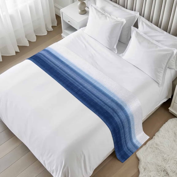 Navy Blue Ombre Bed Runner Scarf Twin Size, Farmhouse Modern Gradient Luxury Bed Throw Runners & Scarves for Twin Full Queen King Foot of Beds, Bedroom Hotel Wedding Room Decoration, 71"x20"