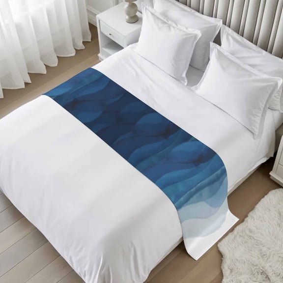 Navy Blue Ombre Bed Runner Scarf Twin Size, Modern Moire Gradient Watercolor Luxury Bed Throw Runners & Scarves for Twin Full Queen King Foot of Beds, Bedroom Hotel Wedding Room Decoration, 71"x20"