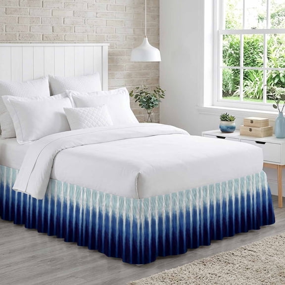 Navy Blue Ombre Bed Skirt California King Size 16 Inch Drop, Modern Abstract Navy Indigo Linear Drips Coastal Adjustable Elastic Dust Ruffles Bedskirt Wrap Around Pleated Mattress Frame Cover