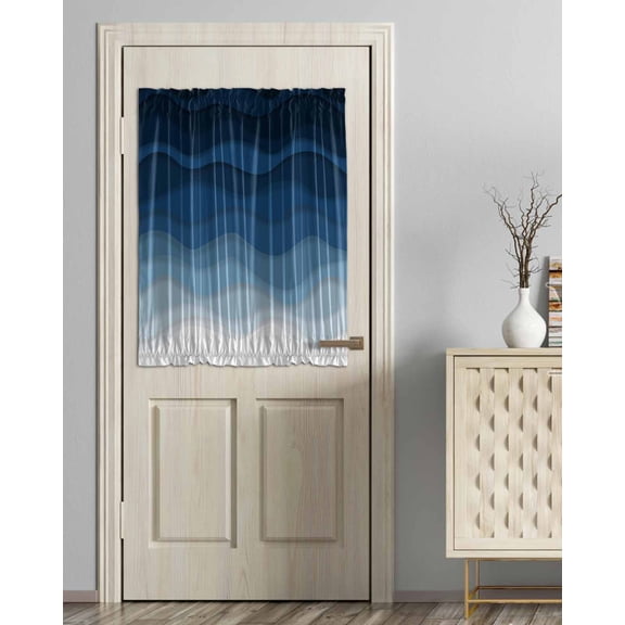 Navy Blue Ombre Blackout Door Curtains for French, Glass,Front, Back, Patio Door, Modern Moire Wave Gradient Thermal Insulated Rod Pocket Window Curtain Drapes With Tiebacks 54"x40"