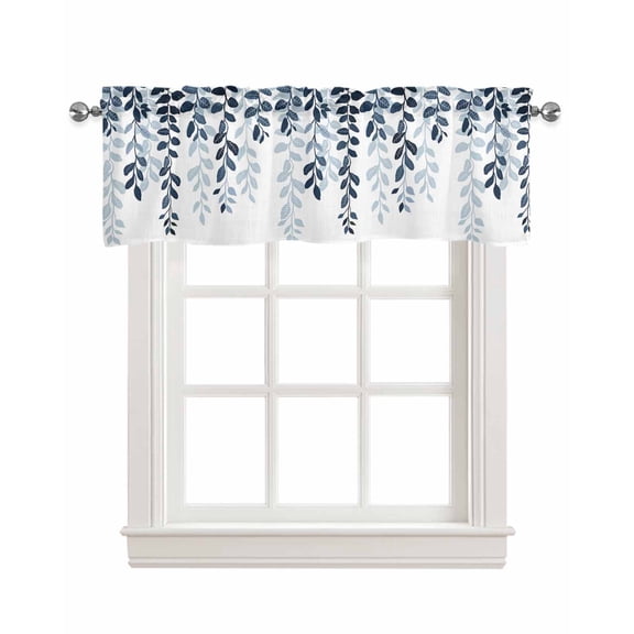 Navy Blue Ombre Botanical Linen Curtain Valance for Bedroom/Bathroom/Kitchen/Office/Living/Dining Room Window,Watercolor Pastoral Leaf Rod Pocket Topper Decorative Cafe Drapes Panel 54"x18"