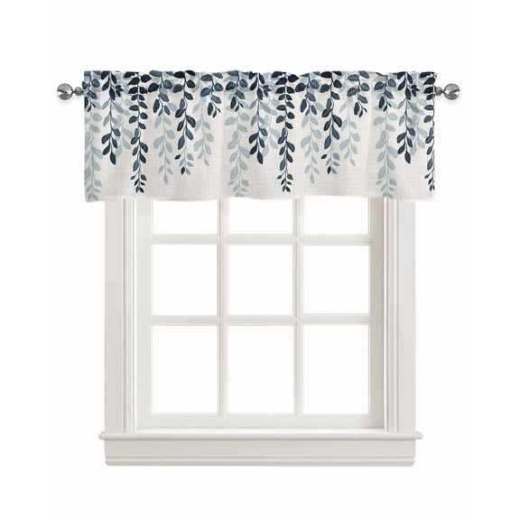 Navy Blue Ombre Botanical Linen Curtain Valance for Bedroom/Bathroom/Kitchen/Office/Living/Dining Room Window,Watercolor Pastoral Leaf Rustic Rod Pocket Topper Decorative Cafe Drapes Panel 42"x12"