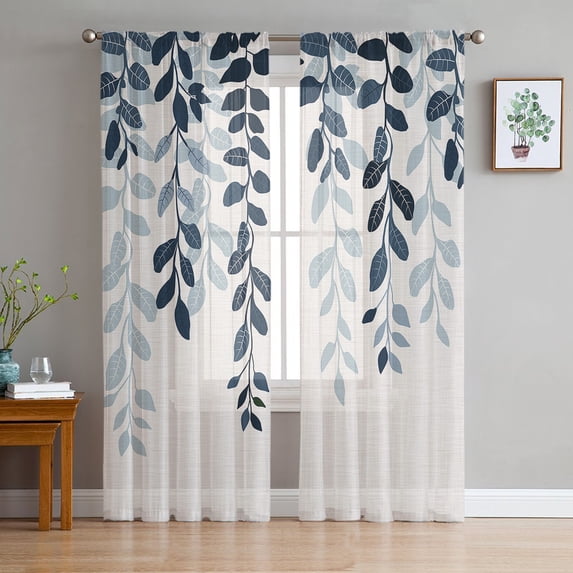 Navy Blue Ombre Botanical Semi Sheer Curtains 63 Inch Length 2 Panels Set, Watercolor Pastoral Leaf Rustic Sheer Kitchen Curtain Privacy Voile Window Curtain for Living Room Bedroom Rod Pocket Drapes