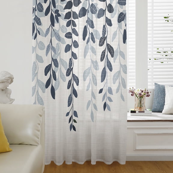 Navy Blue Ombre Botanical Semi Sheer Curtains Drapes for Living Room,Bedroom,French Doors Window 45 Inches Long,Watercolor Pastoral Leaf Rustic Rod Pocket Chiffon Curtain Drapery Voile Drape Panel