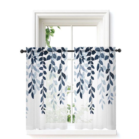 Navy Blue Ombre Botanical Sheer Kitchen Tier Curtains 45 Inch length,Rod Pocket Half Curtains & Drapes,Watercolor Pastoral Leaf Light Filtering Chiffon Cafe Bathroom Curtains 2 Panels 27.5"W x 45"L