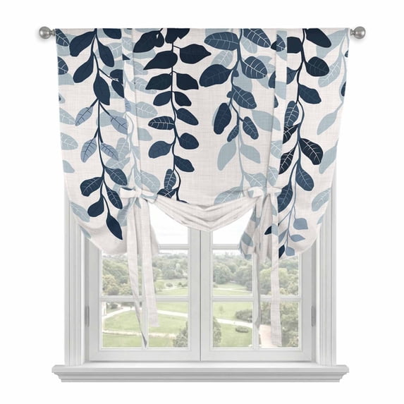 Navy Blue Ombre Botanical Tie Up Curtains for Kitchen Windows,Adjustable Rod Pocket Valance 45 Inch Short, Watercolor Pastoral Leaf Rustic Window Treatment Balloon Roman Blind Shade, 42" x 45"