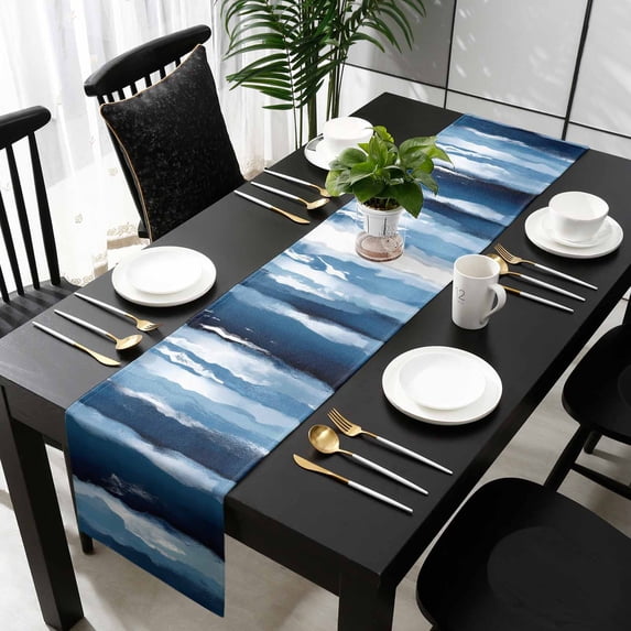 Navy Blue Ombre Cotton Linen Small Table Runner 13 x 48 inch Modern Oil Painting Waves Abstract Non-slip Rectangular Dining Table Decor for Wedding Party Holiday Dinner