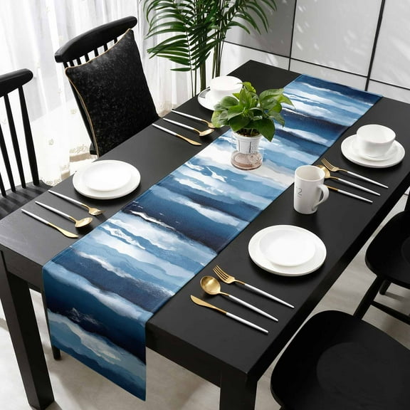 Navy Blue Ombre Cotton Linen Small Table Runner 13 x 60 inch Modern Oil Painting Waves Abstract Non-slip Rectangular Dining Table Decor for Wedding Party Holiday Dinner