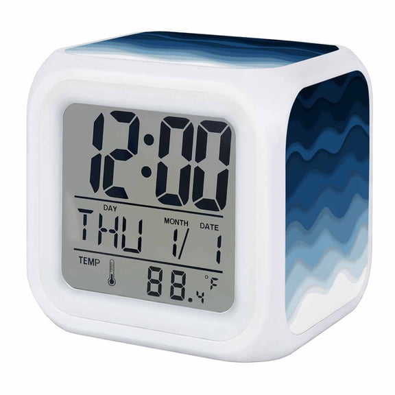 Navy Blue Ombre Digital Alarm Clock for Bedrooms, Smart LED Alarm Clock with 7 Color Changing Night Light, Modern Moire Wave Gradient Silent Wake Up Clocks for Sleep Study Cooking 3.2"x3.2"