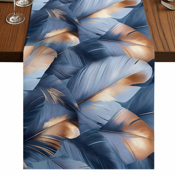 Navy Blue Ombre Feather 48 Inch Table Runner, Modern Art Leaves Farmhouse Dresser Scarf Cotton & Linen Tablerunner for Dining/Kitchen Island/Holiday Party Décor 13" x 48"