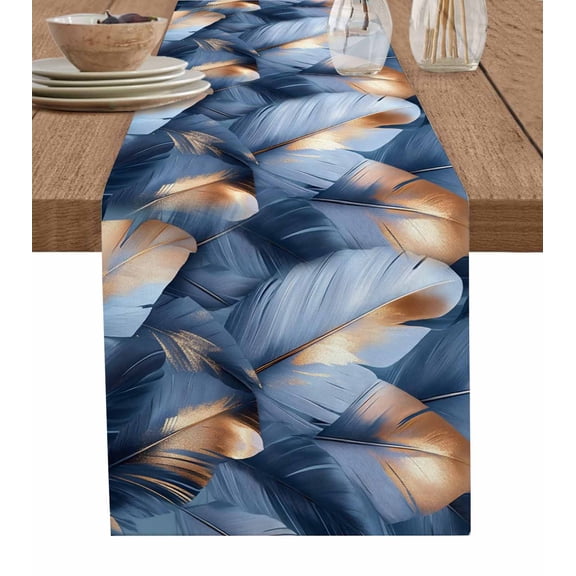 Navy Blue Ombre Feather Burlap Cotton Table Runner 16x72 Inches Long, Modern Art Leaves Farmhouse Table Runners, Outdoor Dining Tablecloths Decor for Baby Shower/Party/Wedding