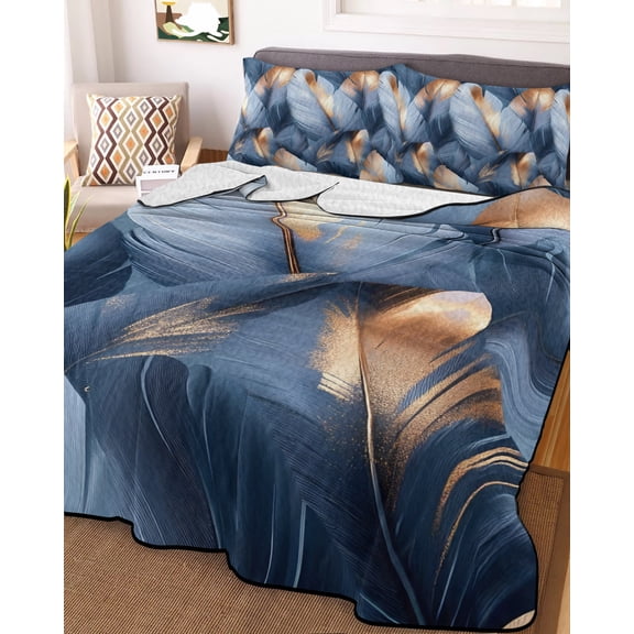 Navy Blue Ombre Feather King Size Down Alternative Comforter, Lightweight Comforter Quilt Bedding Set with Pillow Shams Modern Art Leaves All Seasons Bed Comforter Duvet Insert 96"x106"