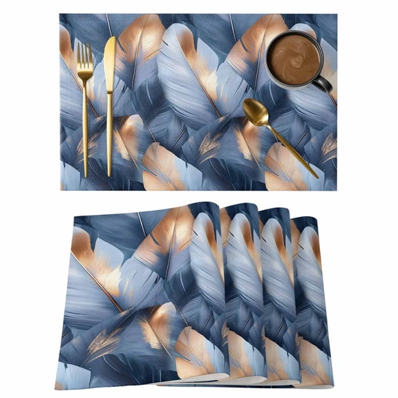 Navy Blue Ombre Feather Placemats Set of 4 Modern Art Leaves Place Mats Indoor Wipeable Table Mats Washable Cloth Dining Table Placemats for Kitchen Holiday Party Home Decor 13x19 Inch