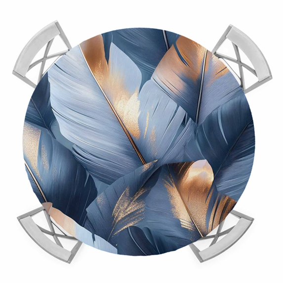 Navy Blue Ombre Feather Round Tablecloth for 45-54 Inch Tables, Fitted Table Cover with Elastic Edge, Modern Art Leaves Waterproof Outdoor Table Cloth Protector for Patio Garden Dinner Picnic