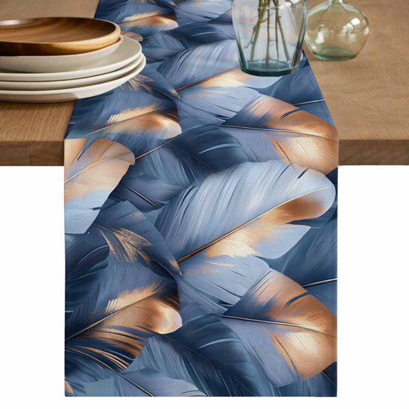 Navy Blue Ombre Feather Table Runner, Modern Art Leaves Washable Cotton Linen Table Runners 36 Inches Long, Dresser Scarf Runner for Nightstand/End Tables/Round Tables 13''x36''