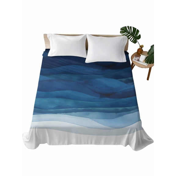 Navy Blue Ombre Flat Sheet Only Twin Size, Soft Breathable Bed Top Sheets for Mattress, Modern Moire Gradient Watercolor Luxury Bedding Flat Sheets for Home Hotel Bedroom Bed Protection
