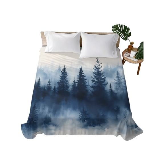 Navy Blue Ombre Forest Flat Sheet Only Twin Size, Soft Breathable Bed Top Sheets for Mattress, Watercolor Abstract Art Tree Luxury Bedding Flat Sheets for Home Hotel Bedroom Bed Protection