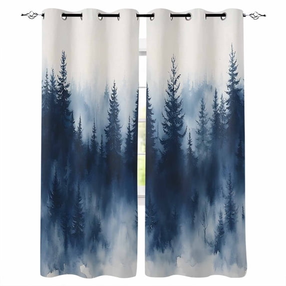 Navy Blue Ombre Forest Kitchen Curtains Watercolor Abstract Art Tree Cafe Short Curtains for Bathroom Blackout Window Curtain Grommet Small Window Treatment Drapes for Bedroom Living Room 42"x45"x2
