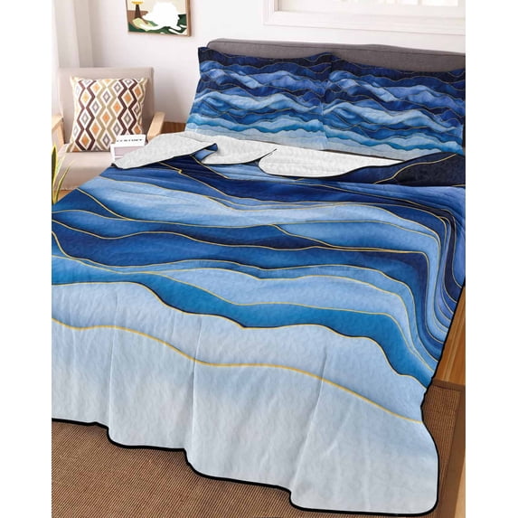 Navy Blue Ombre Full Size Down Alternative Comforter, Lightweight Comforter Quilt Bedding Set with Pillow Shams Modern Moire Abstract Art Luxury All Seasons Bed Comforter Duvet Insert 78"x90"