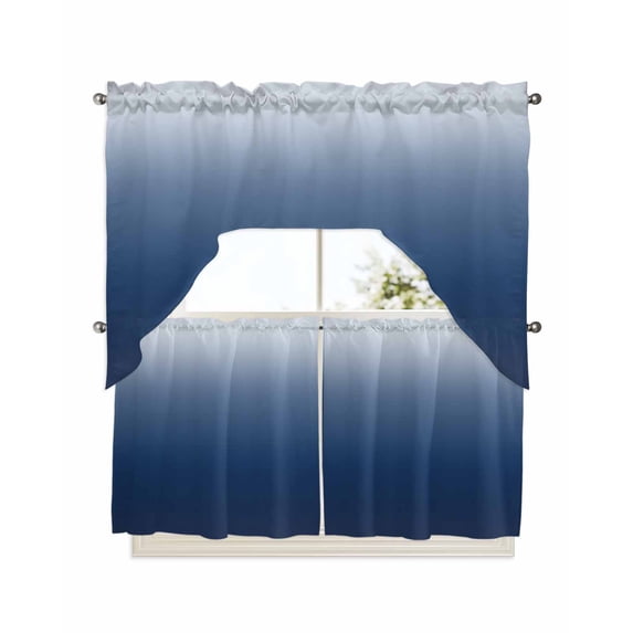 Navy Blue Ombre Kitchen Curtain and Valance Set 3 Pieces,Rod Pocket Short Tier Curtains 24 Inch Length,Modern Abstract Art Gradient Aesthetics Swag Topper Small Window Treatment for Cafe Bathroom