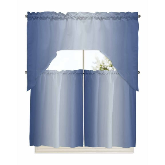 Navy Blue Ombre Kitchen Curtain and Valance Set 3 Pieces, Rod Pocket Short Tier Curtains 36 Inch Length, Modern Gradient Abstract Art Swag Topper Small Window Treatment for Cafe Bathroom Bedroom