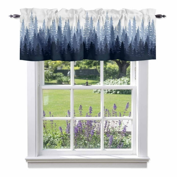 Navy Blue Ombre Kitchen Curtain Valances for Windows Farmhouse Short Curtains, Primeval Forest Modern Abstract Art Aesthetics Rod Pocket Valance Curtain for Bedroom Cafe Living Room 54"x18"