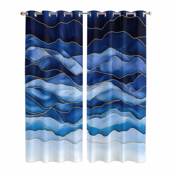 Navy Blue Ombre Kitchen Curtains 84 Inch Length, Modern Moire Abstract Art Luxury Grommet Top Bedroom Living Room Curtains, Light Filtering Cafe Curtain Drapes 2 Panels Set 84''x84''
