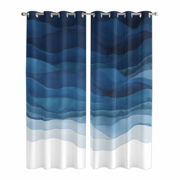 Navy Blue Ombre Kitchen Curtains 84 Inch Length, Modern Moire Gradient Watercolor Grommet Top Bedroom Living Room Curtains, Light Filtering Cafe Curtain Drapes 2 Panels Set 84''x84''