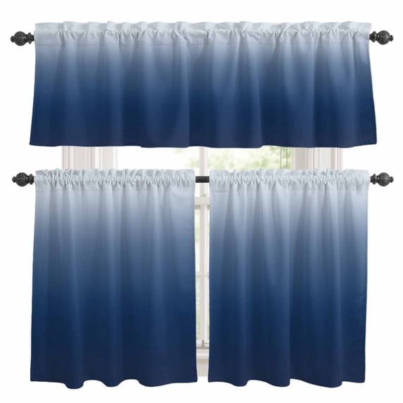 Navy Blue Ombre Kitchen Curtains Sets for Windows 24 Inch Length, Modern Abstract Art Gradient Aesthetics Rod Pocket Window Treatments Tier Curtains and Valances Set for Bedroom/Bathroom
