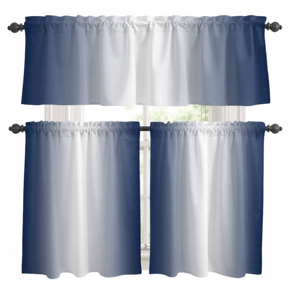 Navy Blue Ombre Kitchen Curtains Sets for Windows 36 Inch Length, Blue White Gradient Modern Abstract Art Rod Pocket Window Treatments Tier Curtains and Valances Set for Bedroom/Bathroom