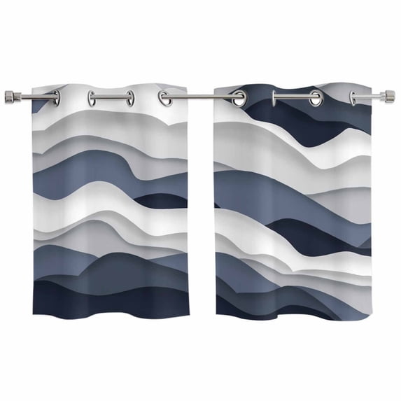 Navy Blue Ombre Kitchen Curtains Small Short 39 Inch Length, Modern Geometric Moire Abstract Art Grommet Top Bedroom Living Room Curtains, Light Filtering Cafe Curtain Drapes 2 Panels Set 55''x39''