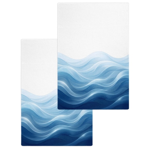 Navy Blue Ombre Kitchen Dish Towels for Drying Dishes Set of 2, Summer Beach Ocean Waves Coastal Waffle Weave Microfiber Hand Tea Bathroom Towels Quick Dry & Absorbent Towel 15.7x23.6