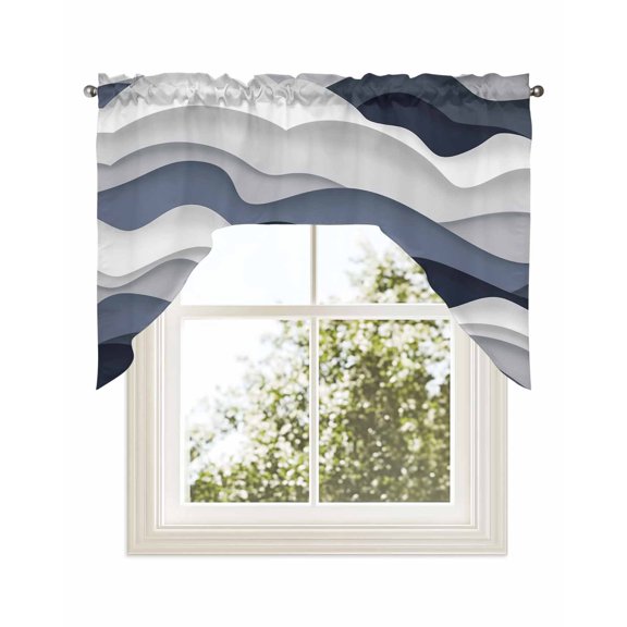 Navy Blue Ombre Kitchen Swag Valance for Window,Rod Pocket Short Kitchen Curtains&nbsp;36 Inch Length,Modern Geometric Moire Abstract Art Swag Topper Small Window Treatment for Cafe Bathroom Bedroom