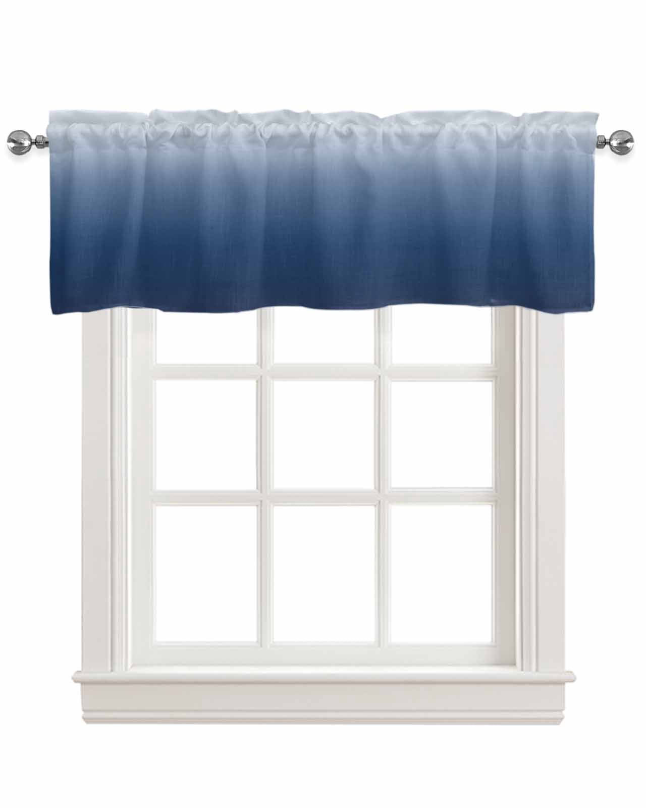Navy Blue Ombre Kitchen Valances for Windows Farmhouse Linen Window Valance Curtain for Living Room Window Treatment Modern Abstract Art Gradient Aesthetics Valance Rod Pocket Topper, 42 x 12 Inch