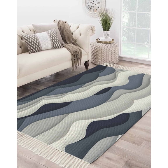 Navy Blue Ombre Large Area Rug 4x6ft Woven Runner Rug,Modern Geometric Moire Abstract Art Washable Living Room Bedroom Kitchen Bathroom Classroom Carpet with Tassels,Indoor Outdoor Throw Door Mat
