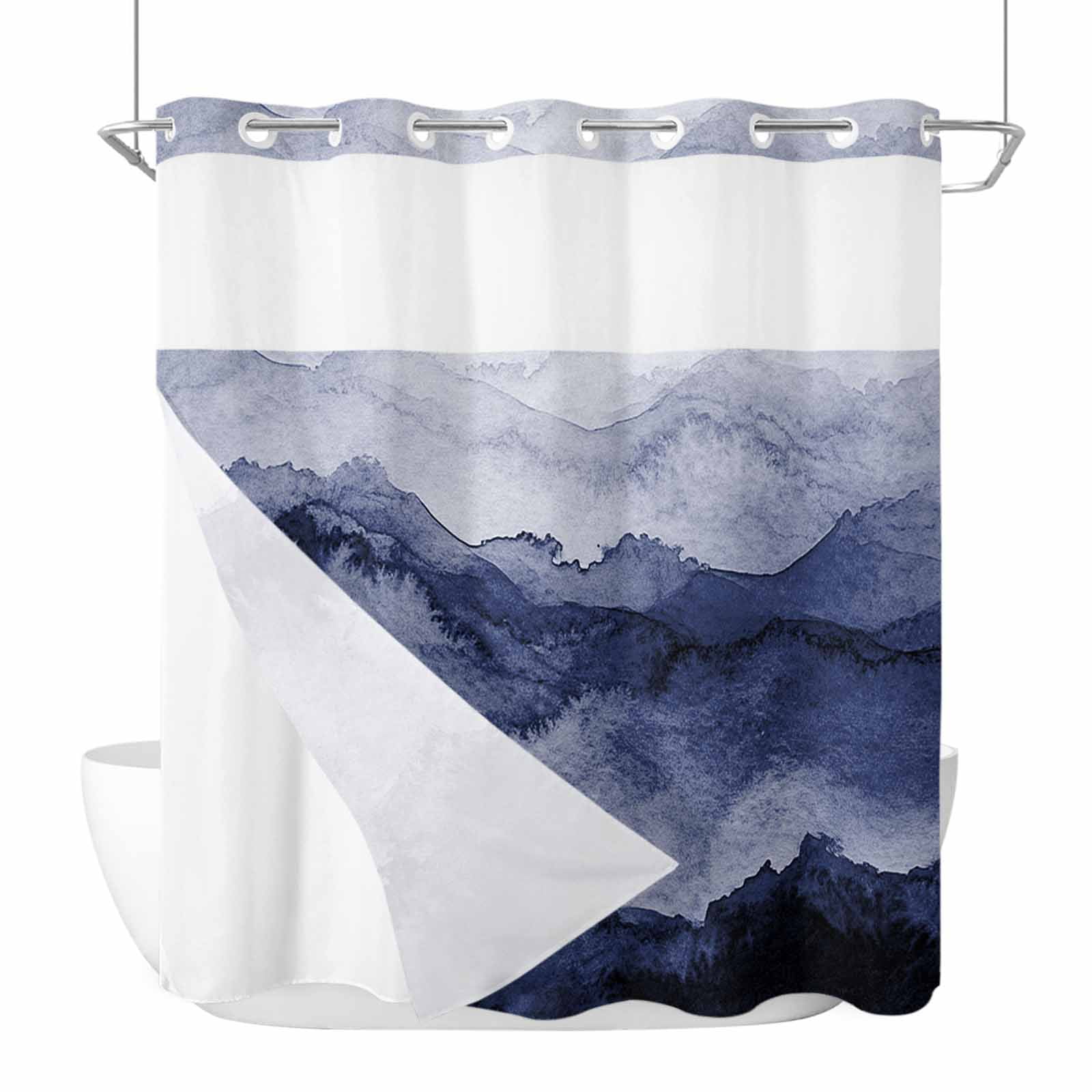 Navy Blue Ombre Mountain No Hook Shower Curtain Waterproof, Bathroom ...