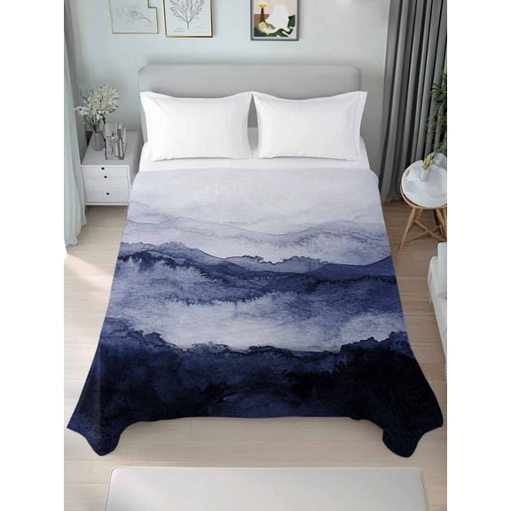 Navy Blue Ombre Mountain Queen Size Flat Sheet, Wrinkleproof & Fadeproof Cooling Flat Bed Sheet Only, Nature Abstract Art Marble Breathable Soft Bedding Top Sheets 90 x 102 Inches