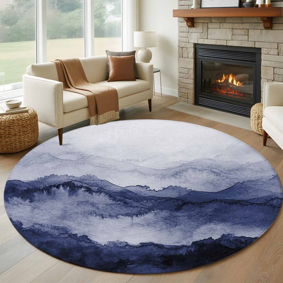 Navy Blue Ombre Mountain Round Area Rug 5ft, Nature Abstract Art Marble Washable Non-Slip Circle Rugs for Bedroom Living Room Kitchen, Soft Low Pile Carpet for Dining Room Playroom Nursery