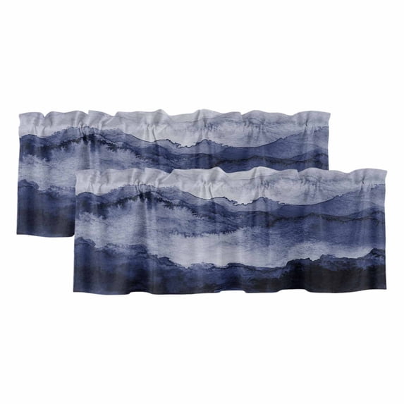 Navy Blue Ombre Mountain Valances for Windows, Decorative Rod Pocket Window Valance Curtains, Nature Abstract Art Marble Short Curtain Drapes for Kitchen/Bathroom/Living Room, 2 Panels, 54" W x 18" L
