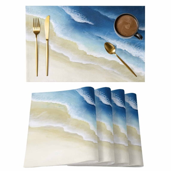 Navy Blue Ombre Ocean Placemats Set of 4, Watercolor Coastal Beach Waves Placemats for Dining Table, Place Mats for Kitchen Tabletop, Waterproof Wipeable Dining Table Mats Set