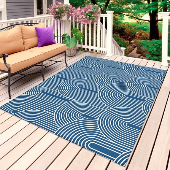 Navy Blue Ombre Outdoor Rug 4x6 Ft, Non Slip Washable Area Rug, Farmhouse Stripes Modern Abstract Art Patio Rugs Carpet Runner, Large Floor Mat for Indoor/Outdoor Deck Porch Camping