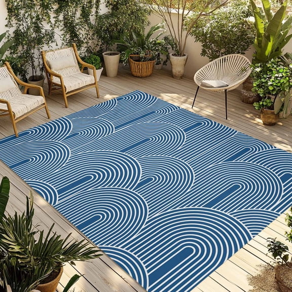 Navy Blue Ombre Outdoor Rug for Patio/Deck/Porch, Non-Slip Large Area Rug 4 x 6 Ft, Farmhouse Stripes Modern Abstract Art Indoor Outdoor Rugs Washable Area Rugs, Reversible Camping Rug Carpet Runner