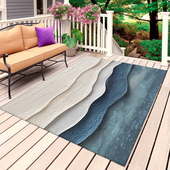 Navy Blue Ombre Outdoor Rug for Patio/Deck/Porch, Non-Slip Large Area Rug 4 x 6 Ft, Modern Wave Abstract Art Indoor Outdoor Rugs Washable Area Rugs, Reversible Camping Rug Carpet Runner