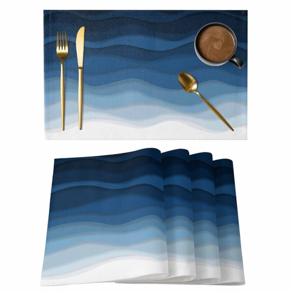 Navy Blue Ombre Placemats Set of 6 Modern Moire Wave Gradient Place Mats Indoor Wipeable Table Mats Washable Cloth Dining Table Placemats for Kitchen Holiday Party Home Decor 13x19 Inch